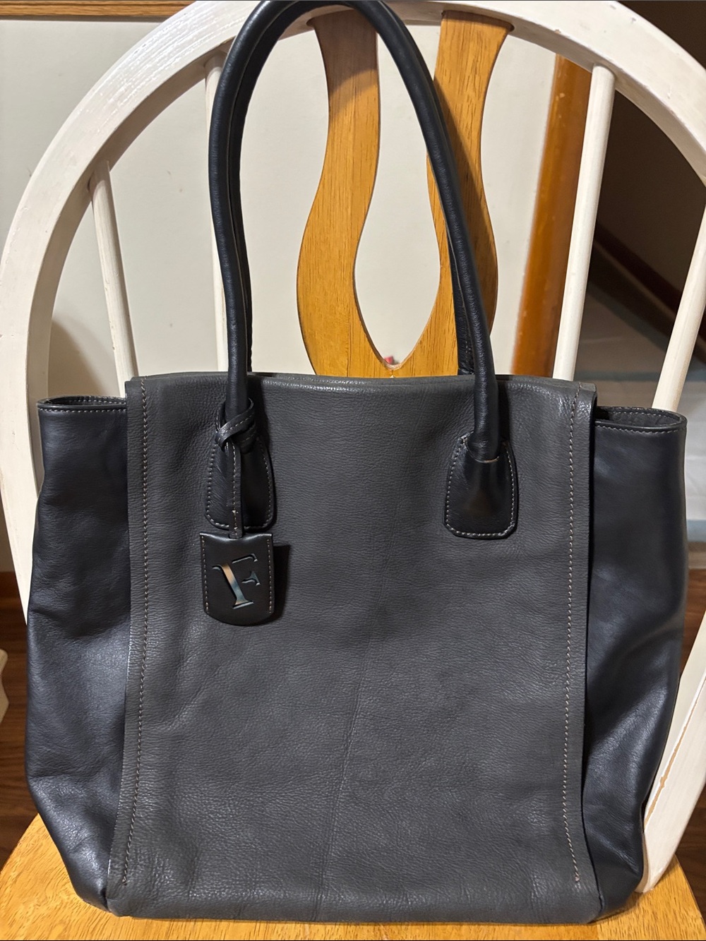 Furla Black Leather Tote with Logo Charm